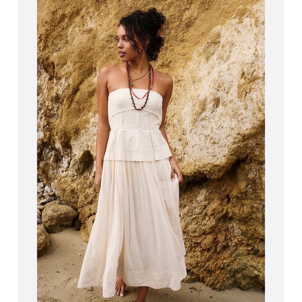 Free People Extratropical Strapless Maxi Dress Ivory Cream Smocked Back Small